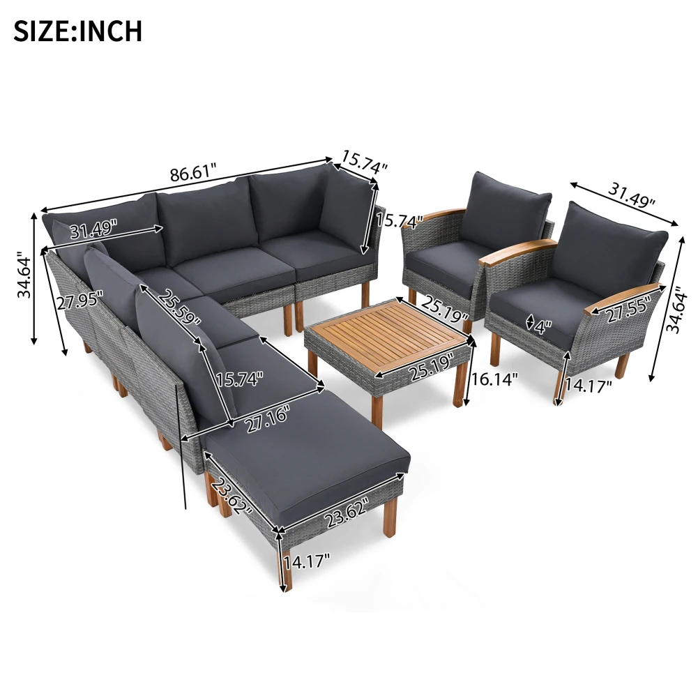 Patio Sofa Outdoor Sectional Sofa Set Wicker Rattan With Wooden Legs Tabletop For Balcony Poolside Garden