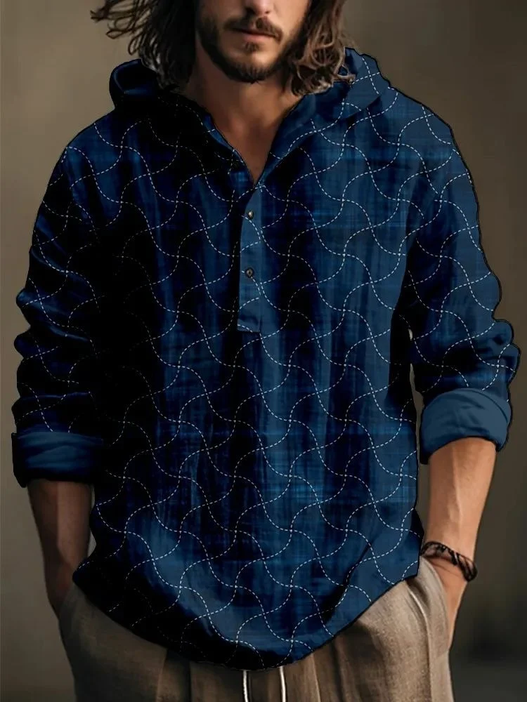 

Men's Clothing Casual Wave Patterned Hooded Shirt Bohemian Long Sleeve With Hoodies 2025 Autumn Half Buttons Japanese Tops
