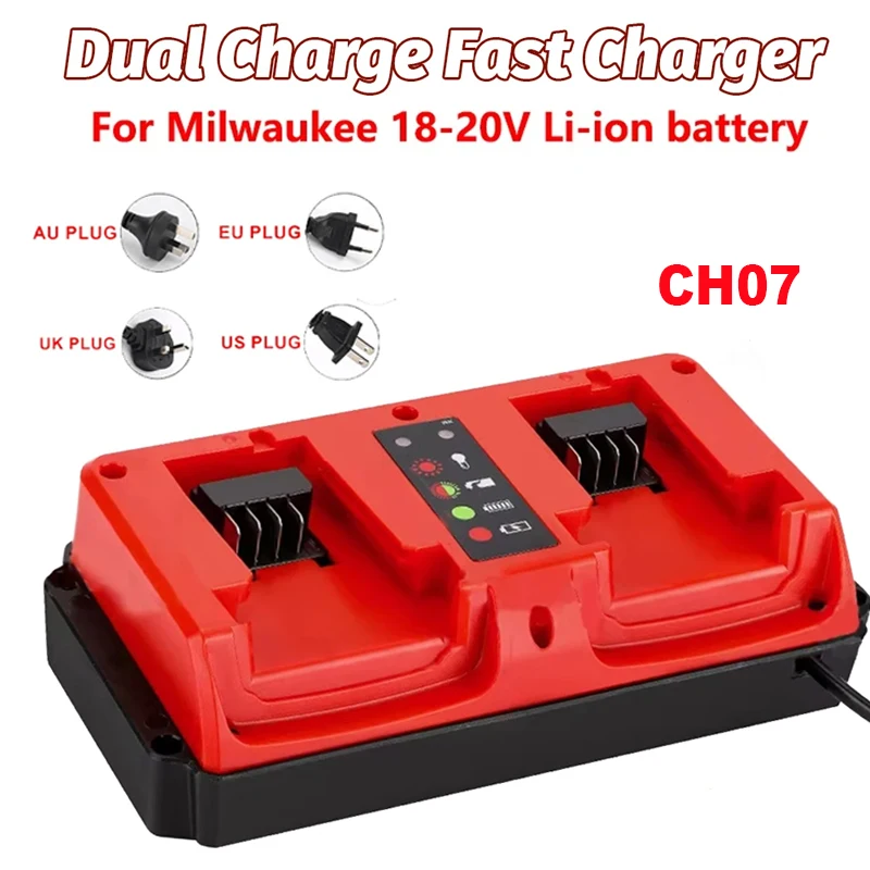 

Зарядное устройство CH07 с двумя портами для литиевых аккумуляторов Milwaukee 14.4V-18V, интеллектуальный индикатор LED, быстрая зарядка