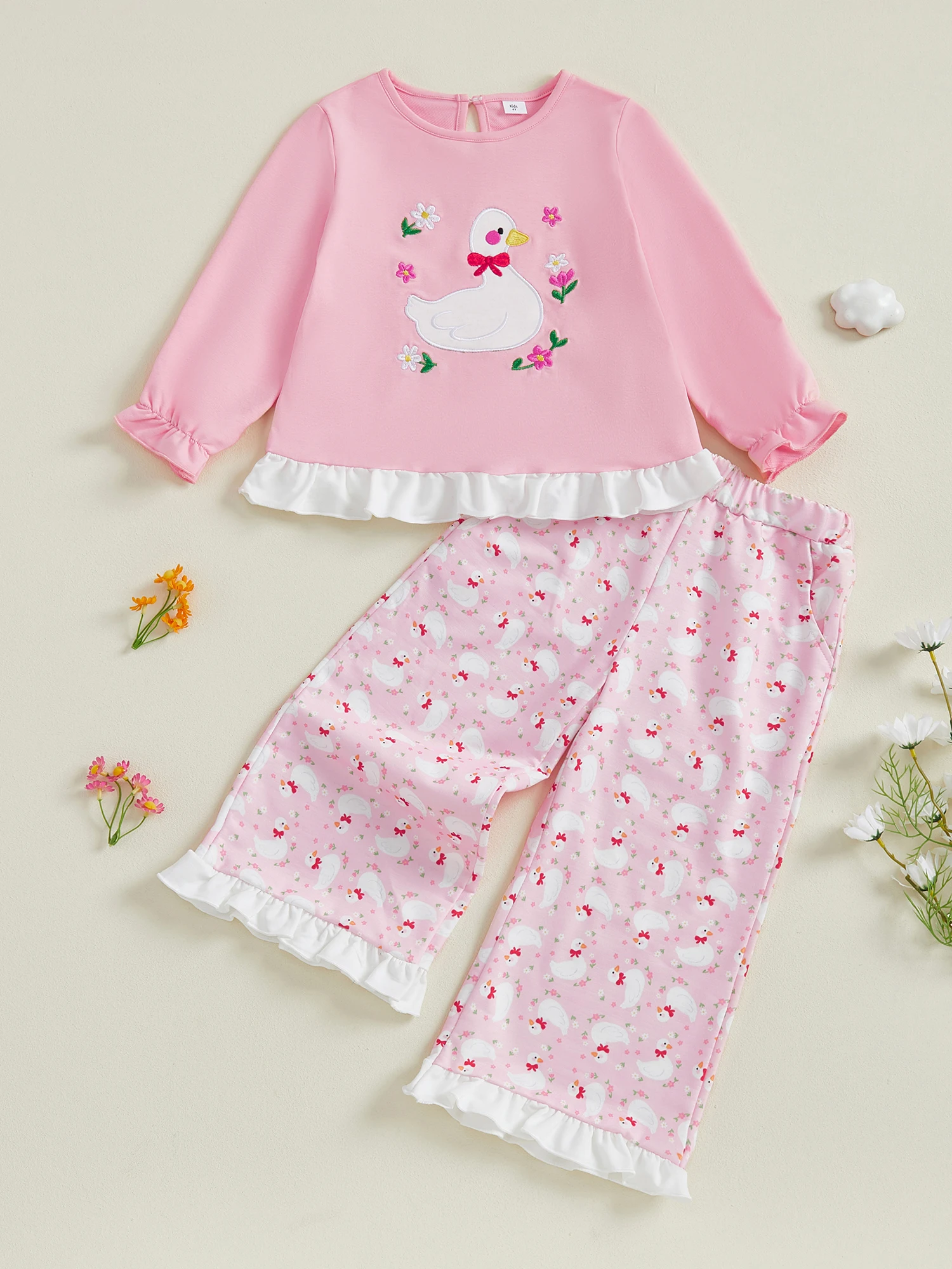 Conjunto de 2 peças para meninas com blusa floral bordada de manga comprida e calças estampadas para moda outono