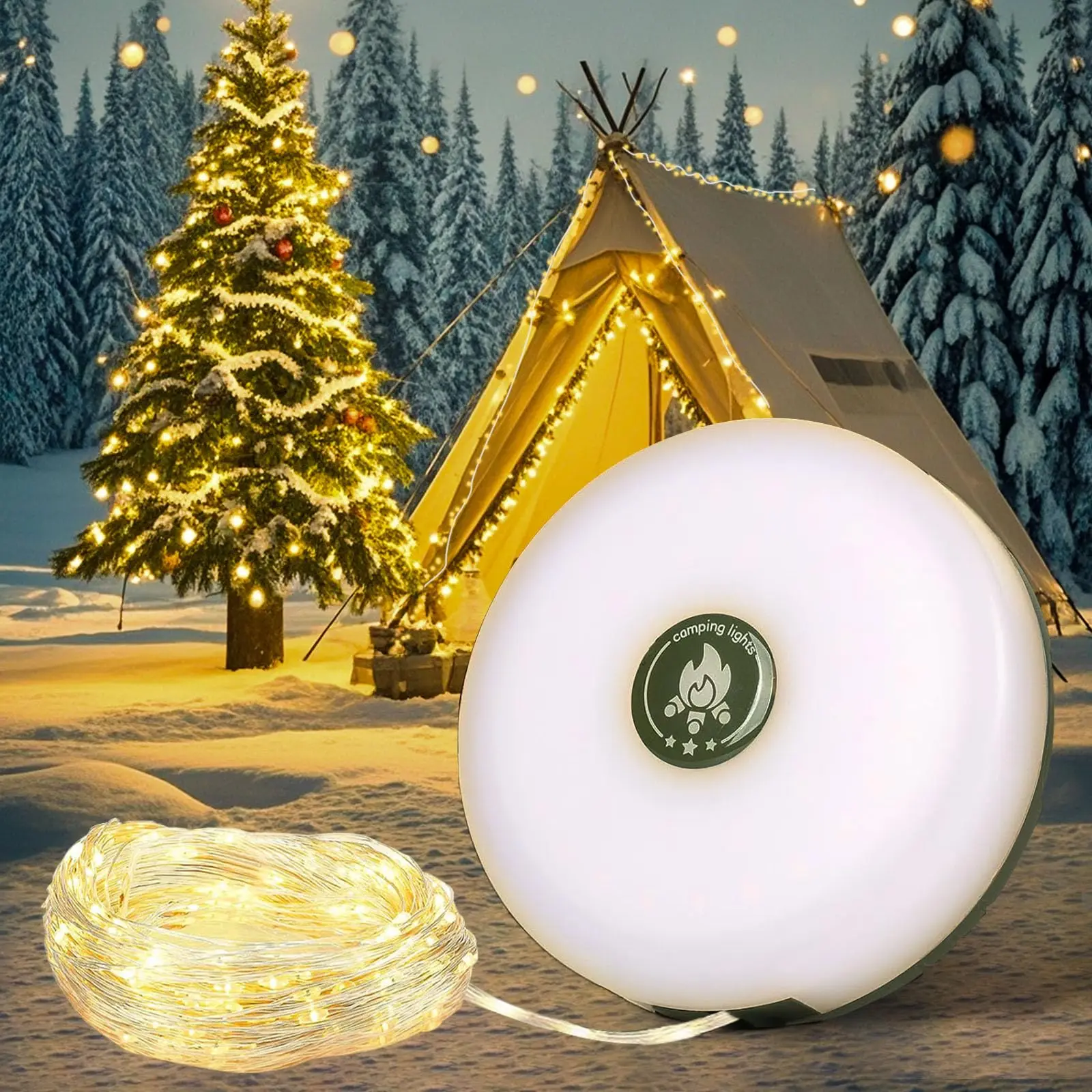 Camping String Lights,Camping Essentials Gear 32.8FT Lamp Lights Waterproof, 4 in 1 Outdoor String Lights with 8 Modes