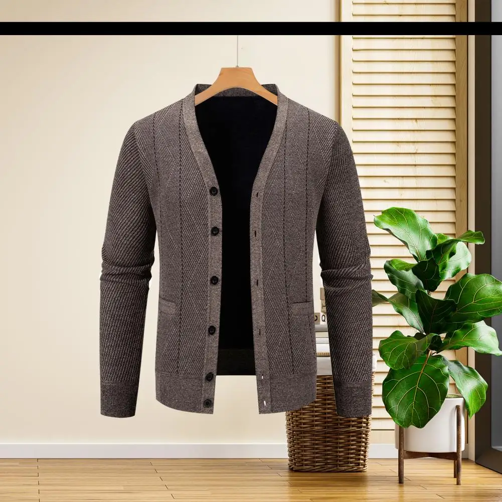 

With Pockets Solid Color Male Autumn Winter Knitwear Men Knitting Cardigan V-Neck Long Sleeve Buttons Placket Sweater Jacket