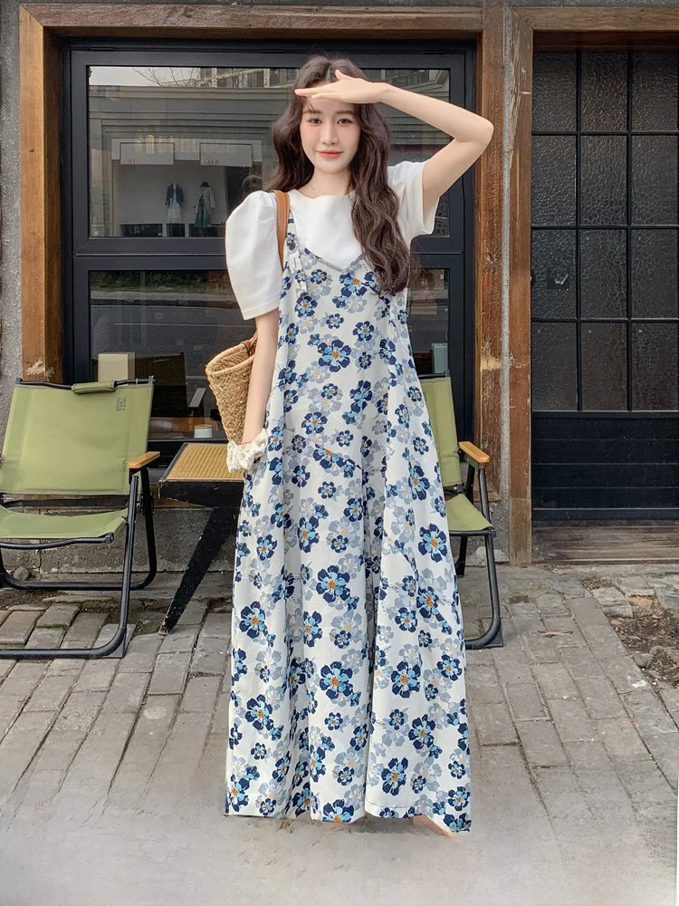 

Blue Floral Print ter Onesie Pants Women's Summer 2025 Loose Wide Leg Casual High Waist Long Polyester Fiber Thin Sle