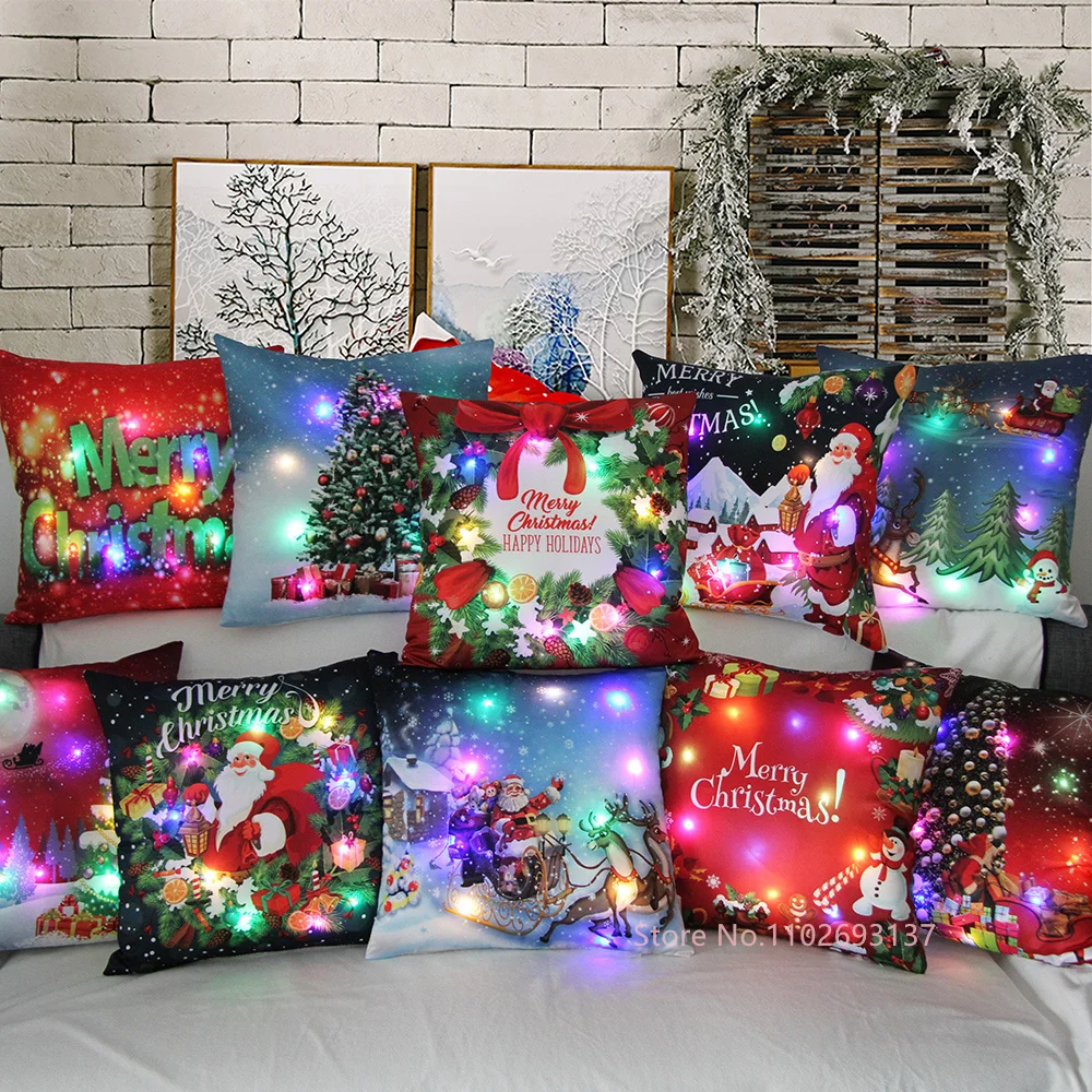 LED Light Santa Claus Cushion Cover Merry Christmas Decoration Throw Pillow Home Square Pillowcase Sofa Cushion New Year Pillow