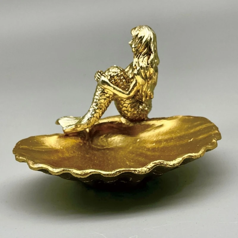 Gold Resin Mermaids Shell Jewelry Holder Resin Storage Tray for Vanity or Bathroom Decoration Multipurpose Key Bowl C1FC