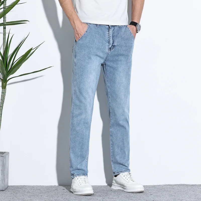

Прямые джинсовые брюки унисекс с высокой гибкой талией, новые классические джинсы скинни, повседневные модные весенне-осенние мужские облегающие уличные брюки