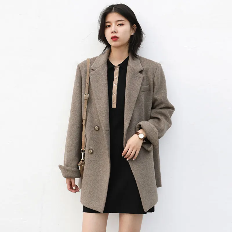 

High-End Elegant Woolen Coat For Women 2025 Autumn New Mid-Length Loose Suit Jacket Suit Collar Double-Row Buckle Top Female