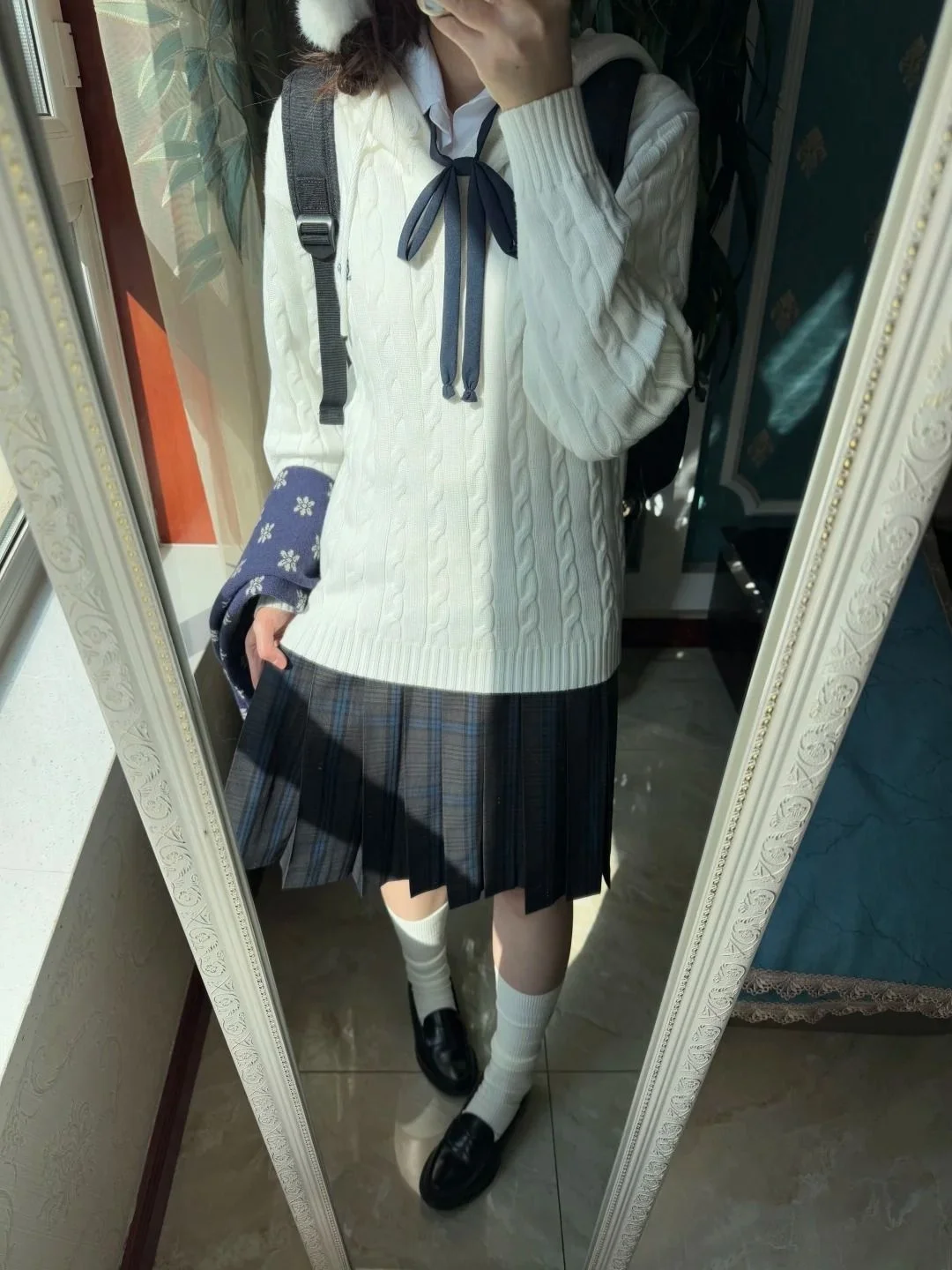 

White Long Sve Sweater Skirt Set School orm Sle Lazy Simple Design Sweet Cute JK Outfit Autumn Winter Faion Ensemble