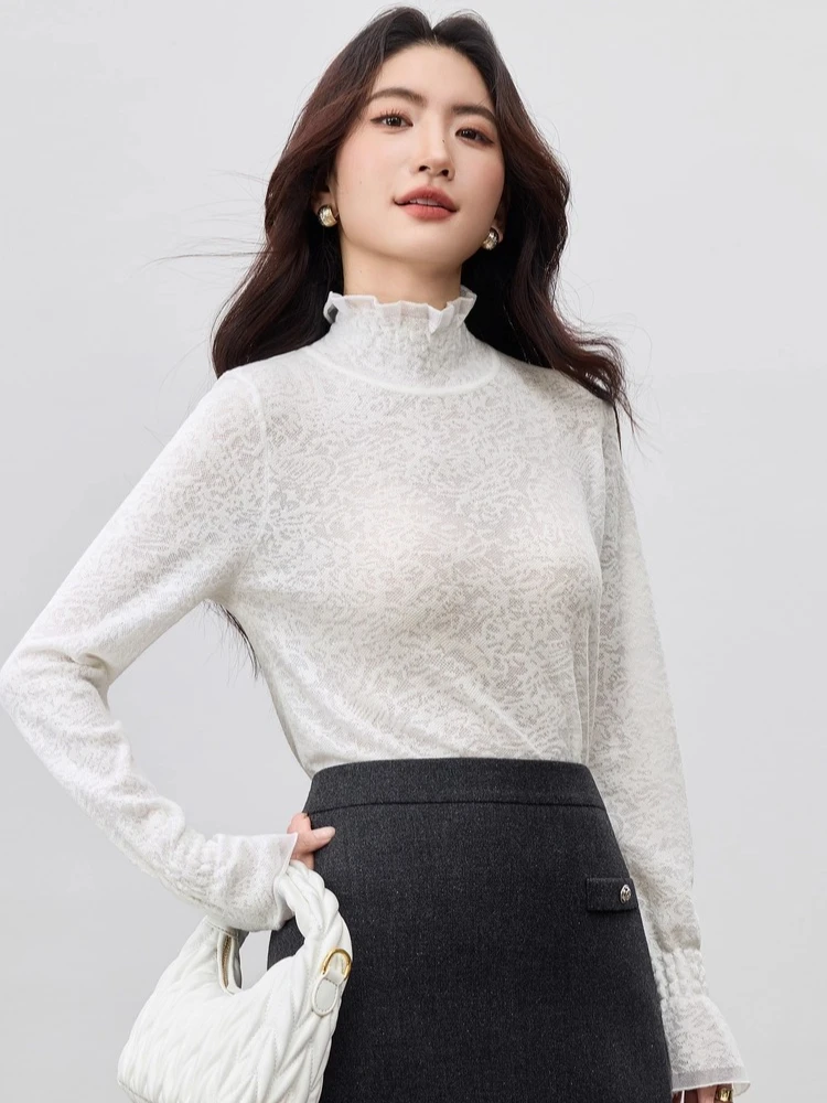 SENTUBILA Dameswolmix Kanten Trui 2025 Herfst Elegante Commuter Coltrui Flare Mouw Zachte Stretch Gebreide Top W53HI3520