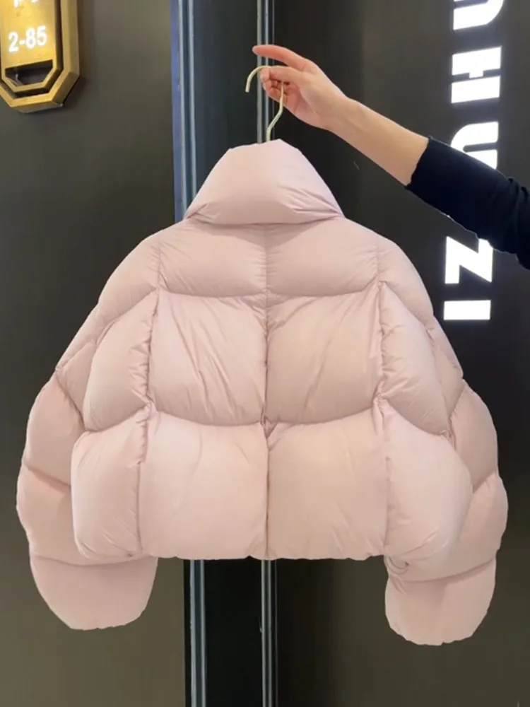 Unique Pink ort Puff Sle Women's down Jaet 2025 New Korean Version Small Size Bread Coat Warm Thiened High Waist Zipper