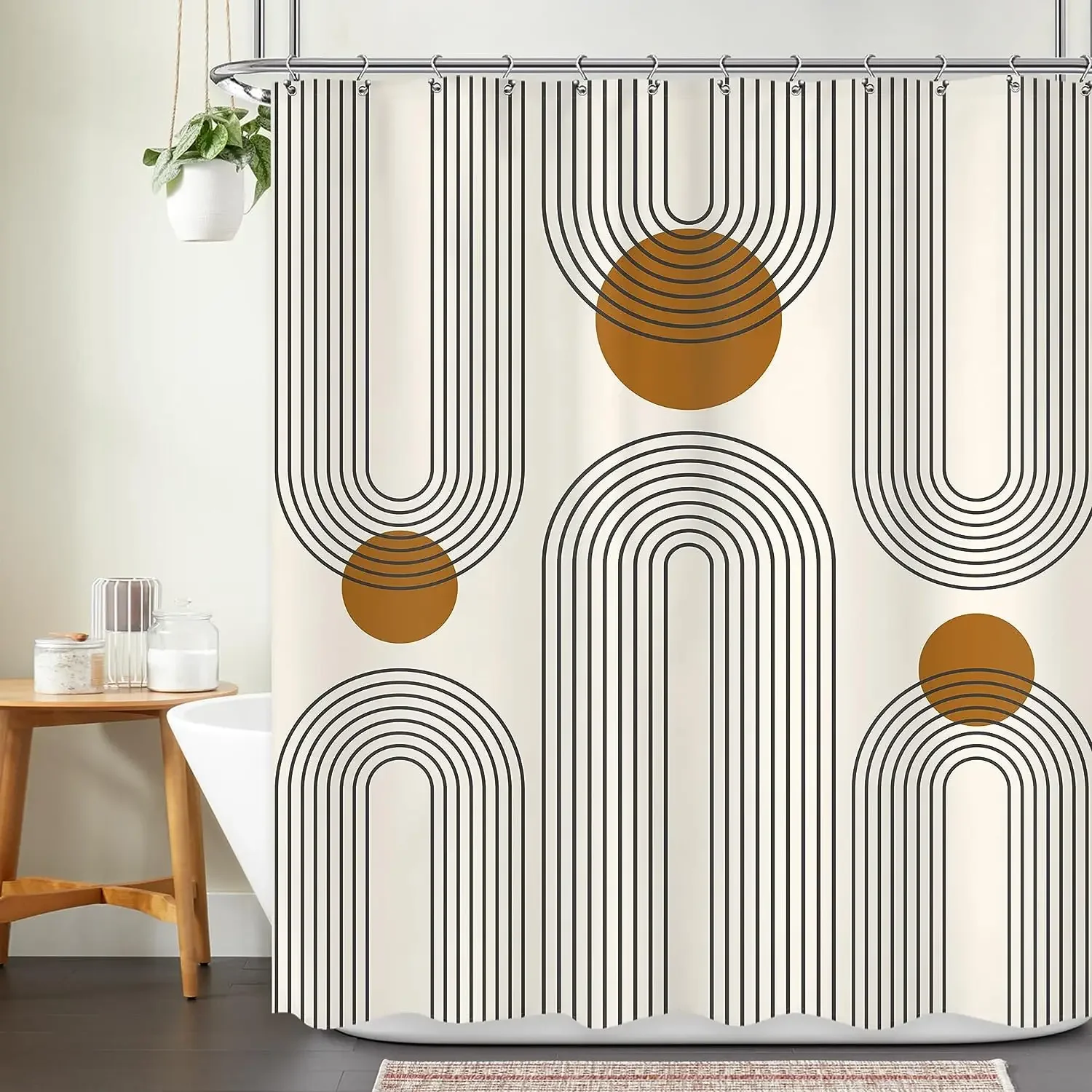 Boho Mid Century Abstract Arch Sun Moon Tropical Leaf Geometric Circle Line Art Pattern Shower Curtain Waterproof Mildew Resista