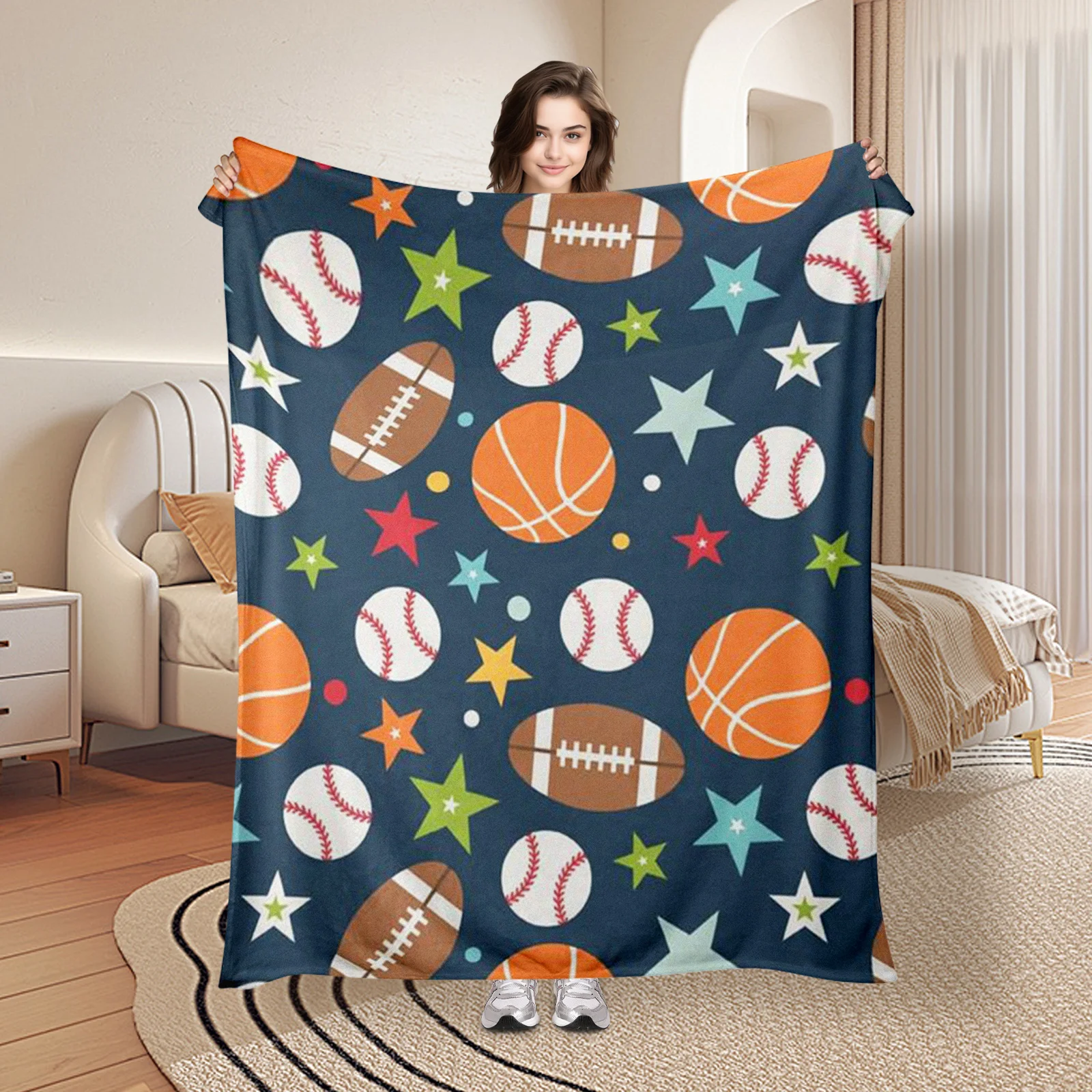 Star Patterned Sports Blanket With Basketball And Rugby Ball Design For Fans And Modern Home Decor Essentials For Sports Lovers