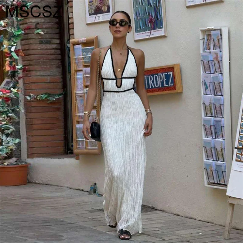 

MSCSZ White Knitted Beach Dress Women Halter Backless Long Sexy Dress Contrast Trim Hollow Out Crochet Summer Dress 2025