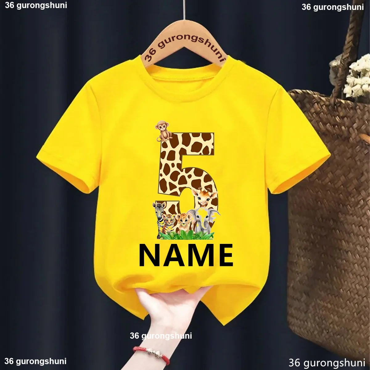 

Personalized Name Kids Tshirt Cute Wildlife 1-10 Birthdays Numbers Print Boy T-Shirt Fashion O-Neck Yellow Shirt Top Baby Tshirt