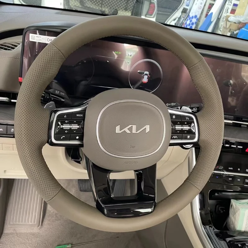 

Для Kia Sorento 2020-2024 Carnival 2022-2024 ручная прошивка нескользящий чехол на руль из натуральной кожи автомобиля