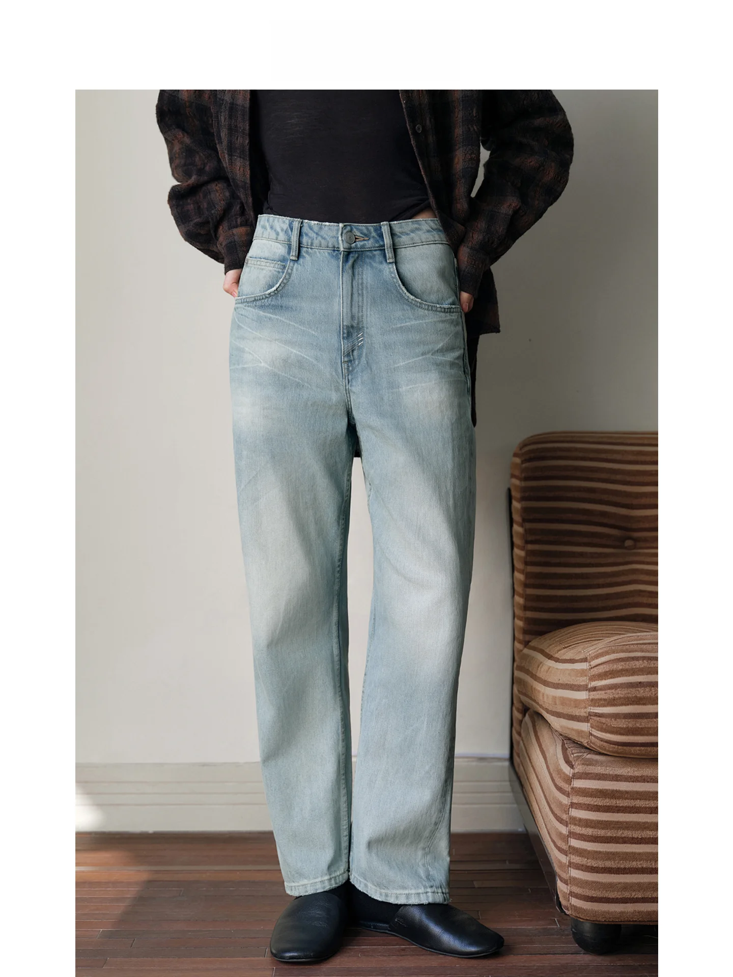 

Джинсы Mincollection прямого кроя с эффектом потертости, светло-голубые, повседневные, из хлопка, для женщин, с завышенной талией