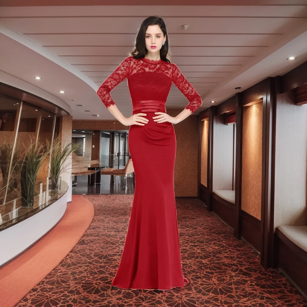 

2024 Mermaid Long Evening Dresses For Women Burgundy Red Elegant 3/4 Sleeve Prom Party Gown Formal Occasion Bride Robe De Soiree