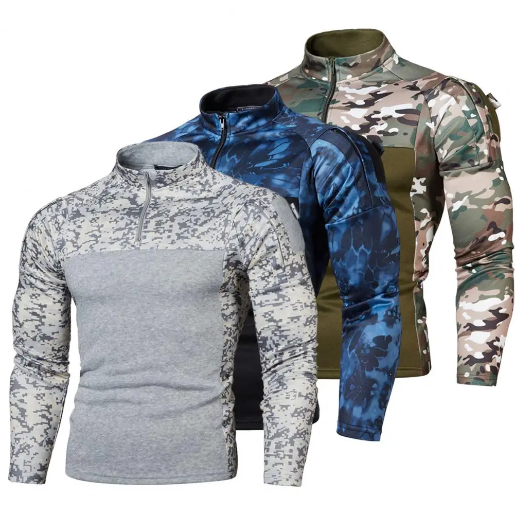 Bluzy męskie wojskowe moro patchworkowy t-shirt sweter z półzamkiem na zamek z kołnierzem i stójką wojskowe topy taktyczne Camping Hunter długie rękawy