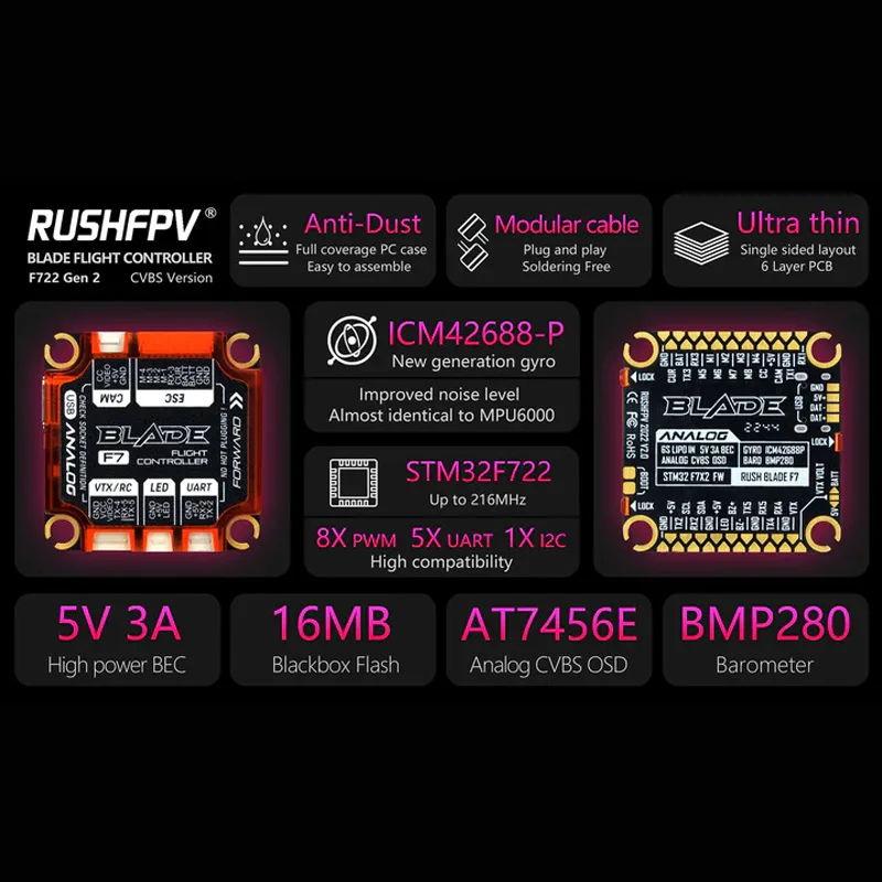 

RUSHFPV RUSH BLADE V2 Stack / F722 Digital / Analog Flight Controller / 50A 128K BLHELI32 4in1 ESC for RC FPV Racing Drone
