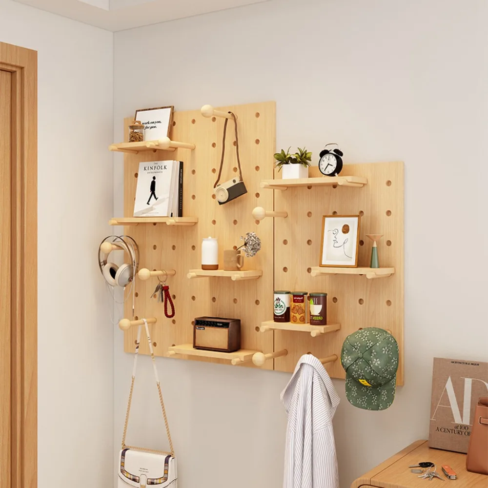 Custom-made solid wood hole board hanging board rack Wooden wallboard Home porch wall bookshelf Kindergarten display rack custom