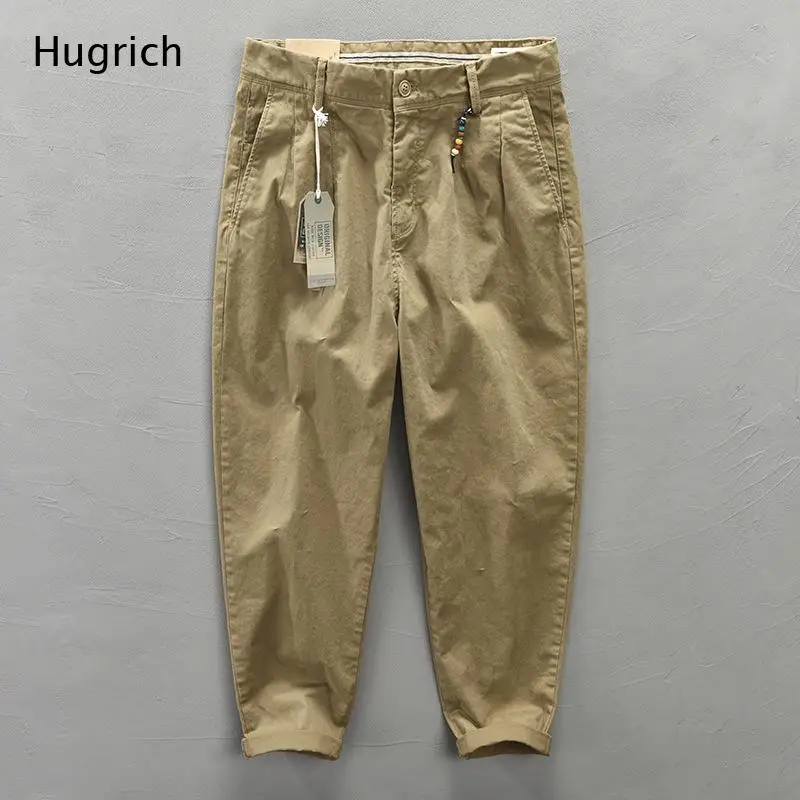 Men's Vintage Washed Cotton Front Pleated Color Bead Decor High Waist Tapered Roll Cuff Casual Pants