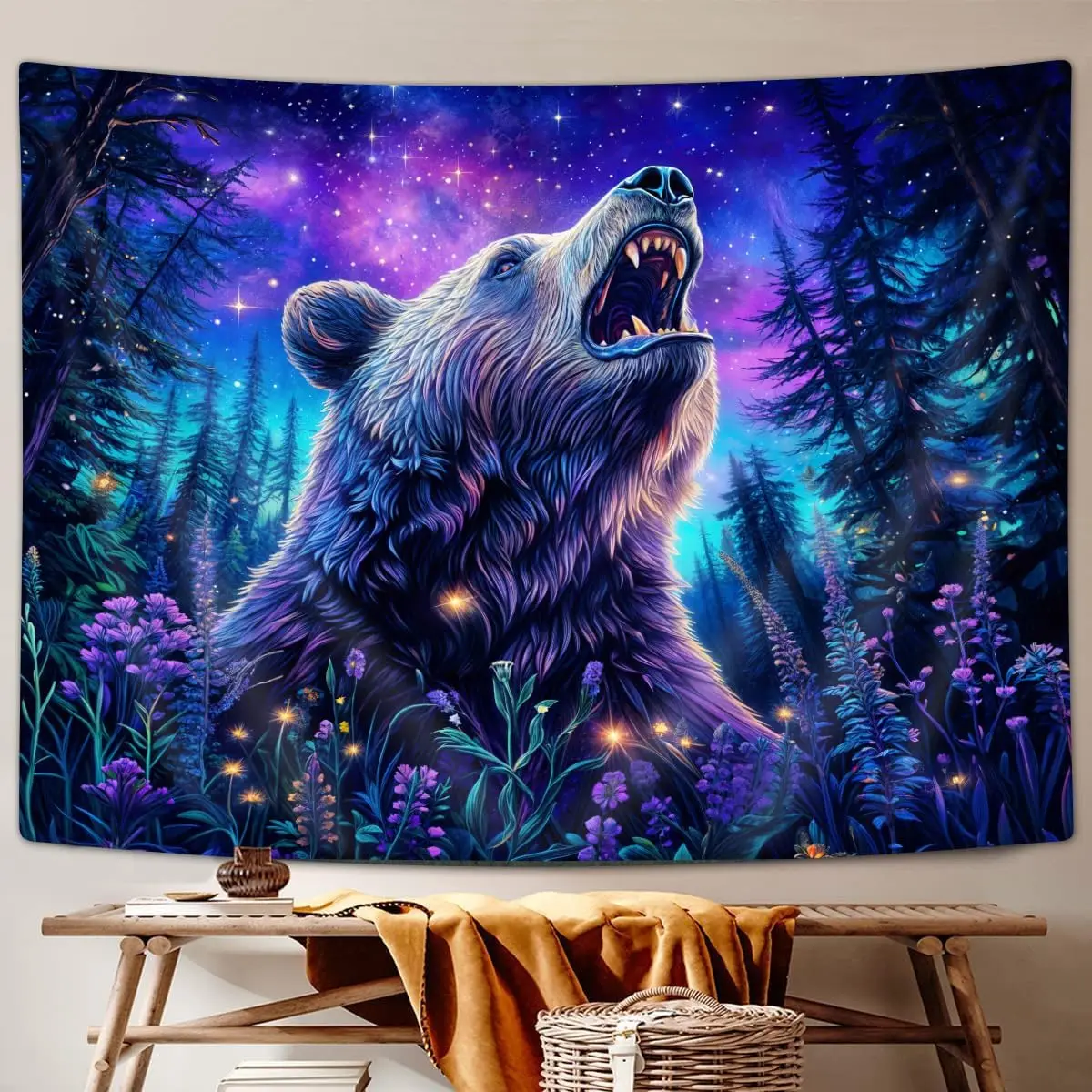 Large Bear Forest Tapestry Wall Hanging Fantasy Cosmic Galaxy Boho Wildlife Bohemian Room Decor Art