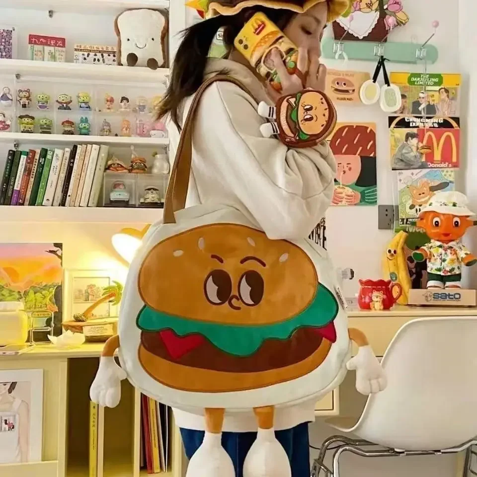 Miyagawa Cute Funny Burger Class Commuter Bag Versatile Kawaii Bag Causal Girl Contrast Colored One Shoulder Tote Bag