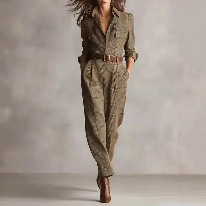 Retro Grid Button Lapel Shirt Jumpsuits Woman Fashion High Waist Slim Bodysuits Romper Spring Autumn Long Sleeve Pocket Overalls