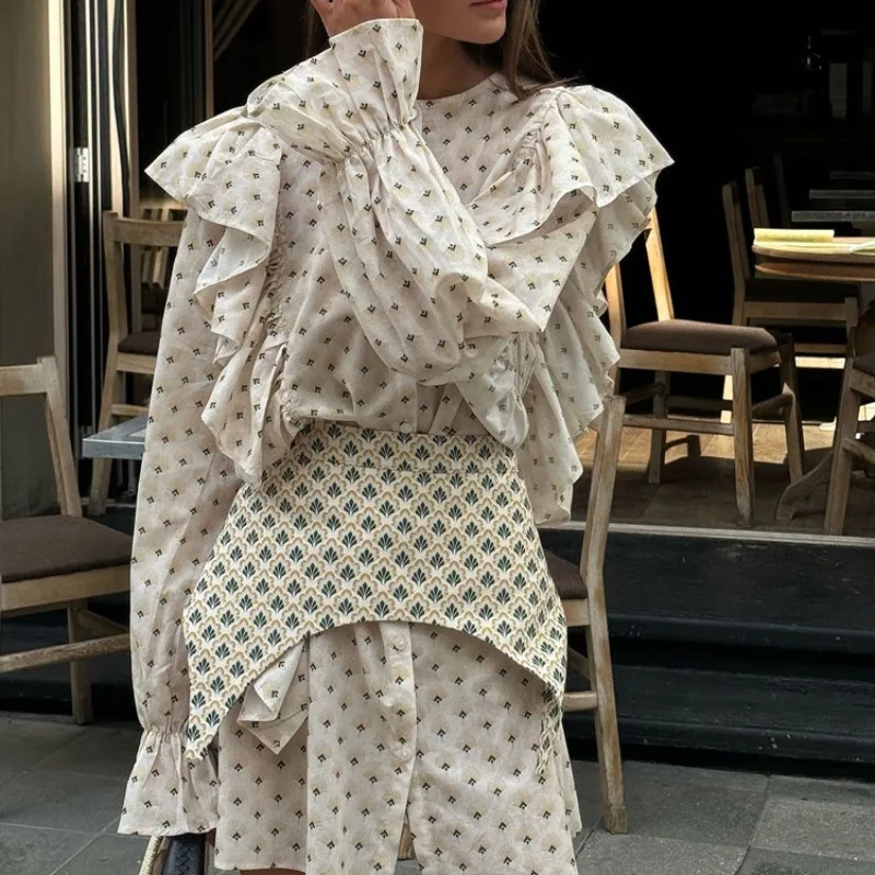 

2026 High-end Round Neck Ruffle Edge Horn Sleeve Shirt Skirt with Waist Seal Printing Short Dress Women