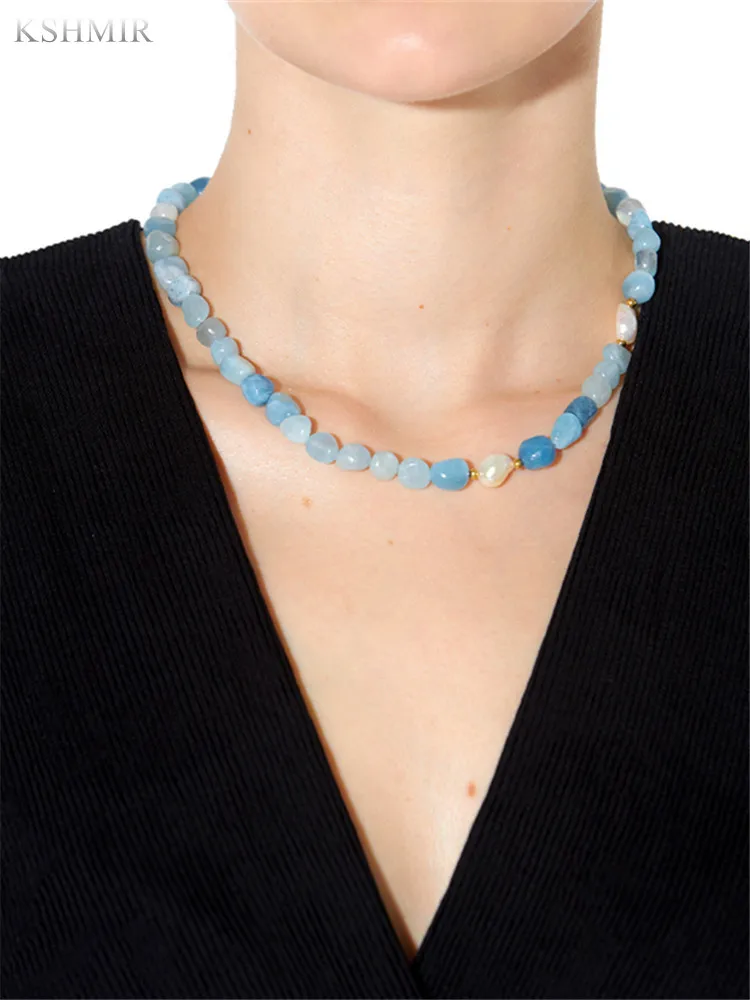 2022 New original Aquamarine natural stone pearl necklace simple design exquisite personality female necklace