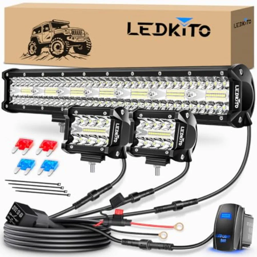 

【Spot goods】20Inch LED Light Bar and 4Inch LED Cube Pods Lights Kit with Wiring Harness Rocker Switch Spot Flood Combo Triple R
