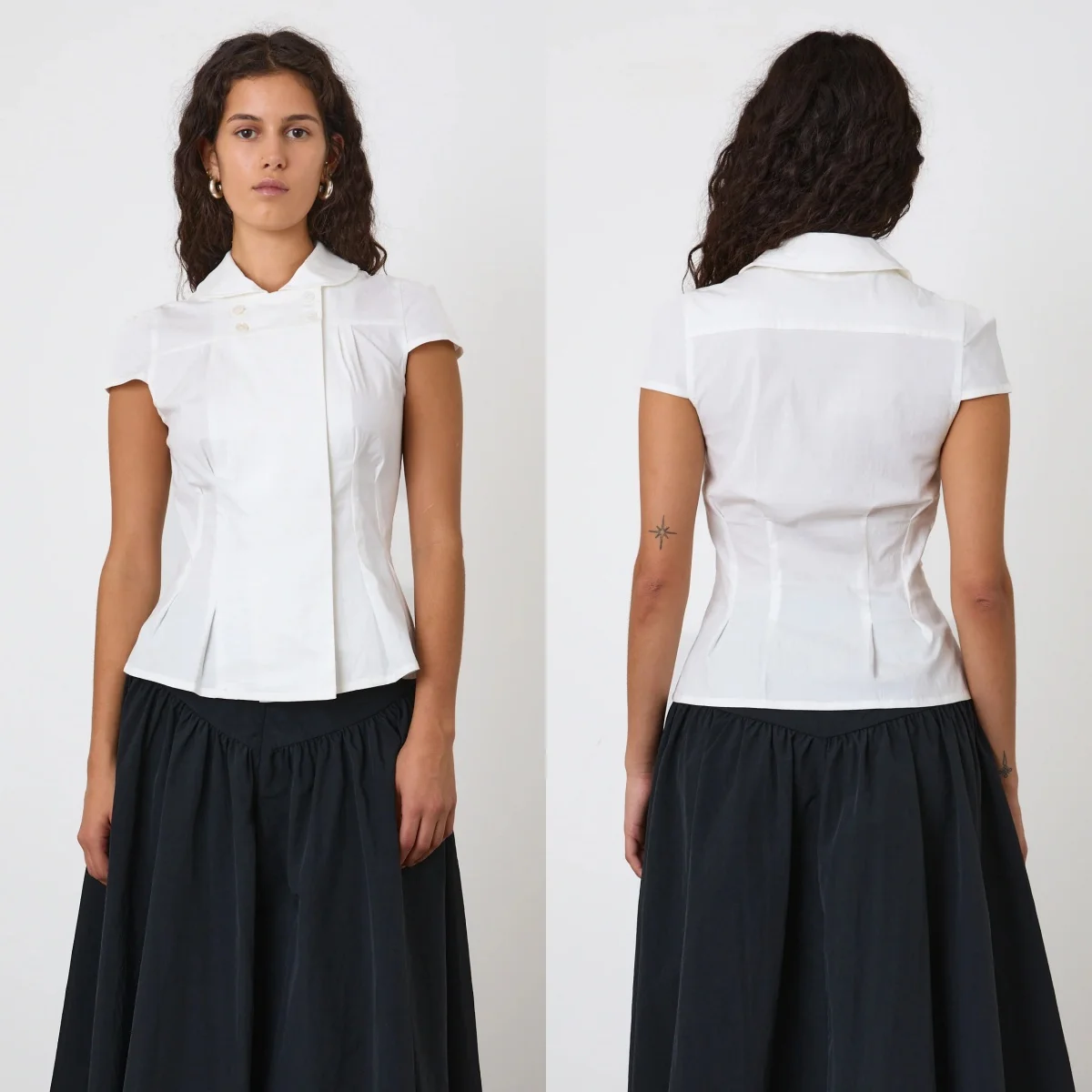 

Peach Short-Sleeved Shirt, Mother-Of-Pearl Style Buttoned Shirt Top, Vintage Doll Collar White Shirt, Double-Breasted Waist-Cinching Design, Minimalist Commuter Niche Style