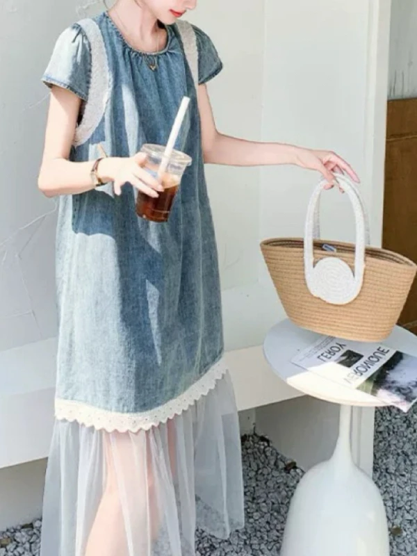 Mid-Length Lace Patchwork Denim Dr Women's Loose Design Sensation Me Skirt A-Line Silhouette ort Sve round Ne