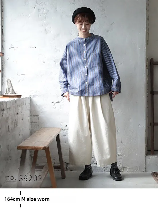 

Spring 2026 Casual Waed Cotton round Ne Striped Loose Fit Anti-Wrinkle Breathable Women's irt Regular Sve Long irt