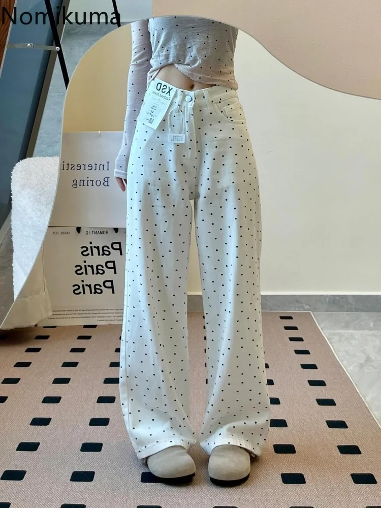 

Vintage Polka Dot Wide Leg Pants Chic Summer Y2k Jeans for Women High Waist Casual Straight Trousers Pantalon Femme New Bottoms