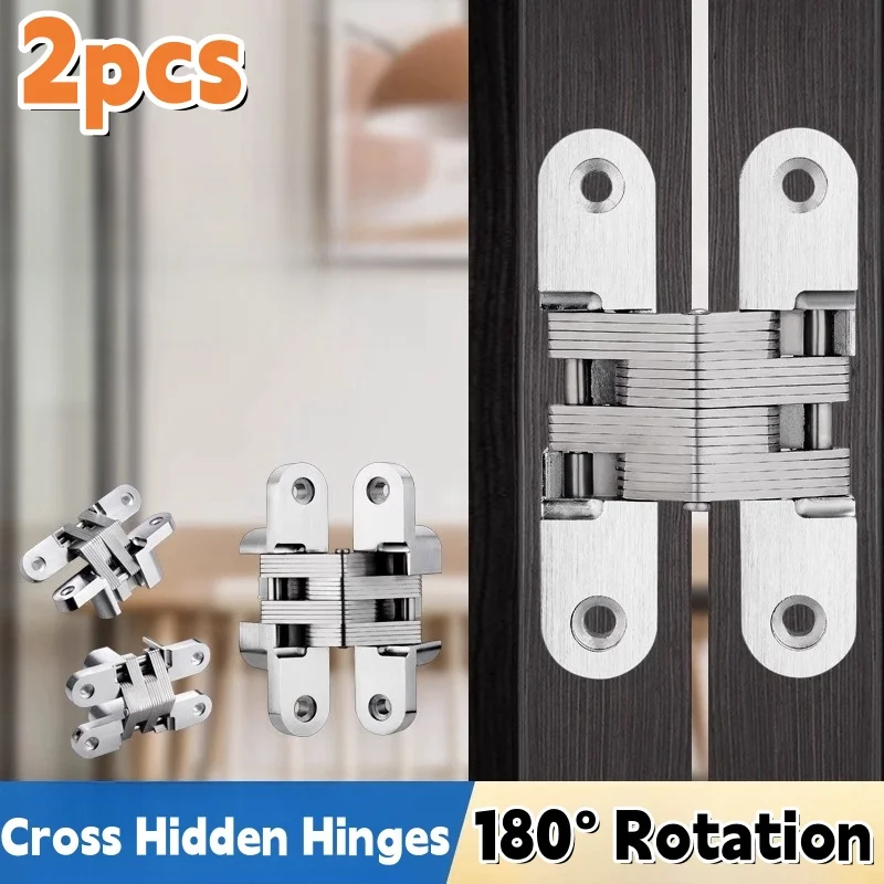 1 Pairs Hidden Gate Hinge Stainless Steel Concealed Hinges 180 Degree Folding Invisible Door Hinges Heavy Duty Built-in Hinge