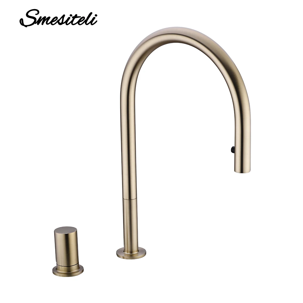 

Brushed Gold Kitchen Faucet Invisible Pull Out Spray Mixer Double Hole Single Handle Solid Brass Hot and Cold Kitchen Sink Tap