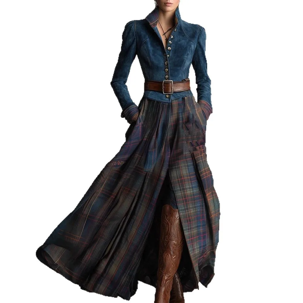 Nuovo Abito Lungo da Donna Autunno Inverno in Pelle Verde con Inserti in Velluto a Righe, Vita Alta con Bottoni