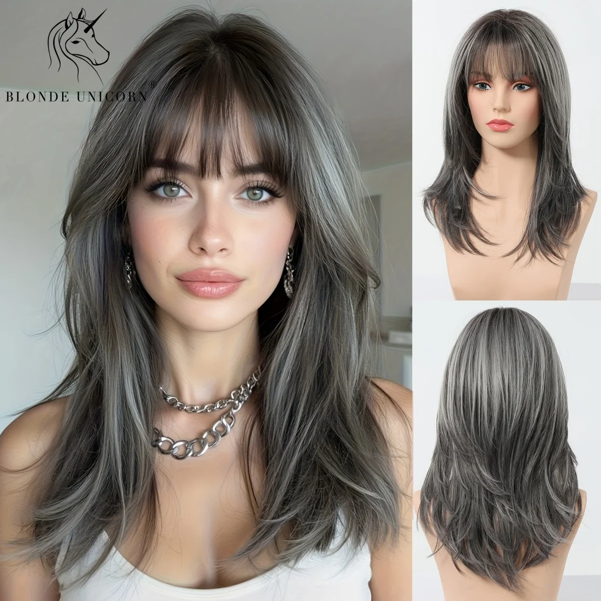 

Черный, серый, многослойный, средней длины, прямой синтетический парик для женщин с челкой, вечерние, повседневные, косплей, термостойкие волосы