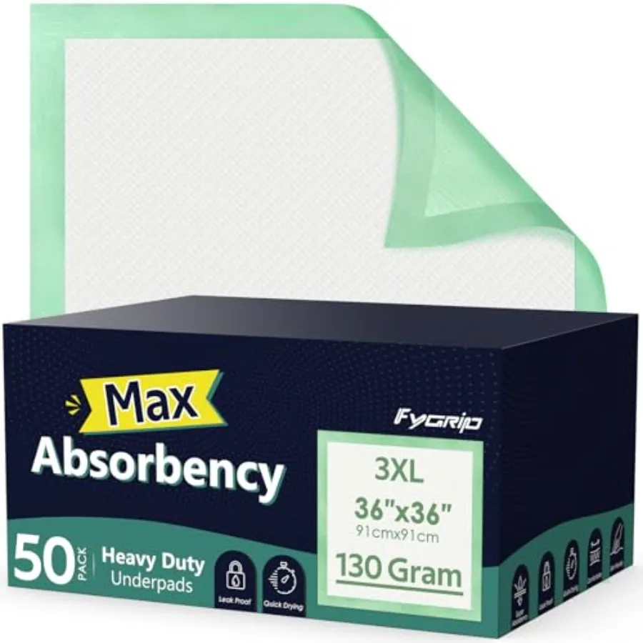 

50 Count Hospital Grade 130 Gram 36" x 36" Max Absorbency Disposable Underpads Leakproof Quick Drying XXXL Bed Pads Disposable