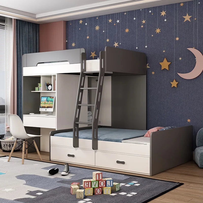 

staggered high and low bed with desk, small apartment parallel bunk bed with wardrobe, staggered bunk bed