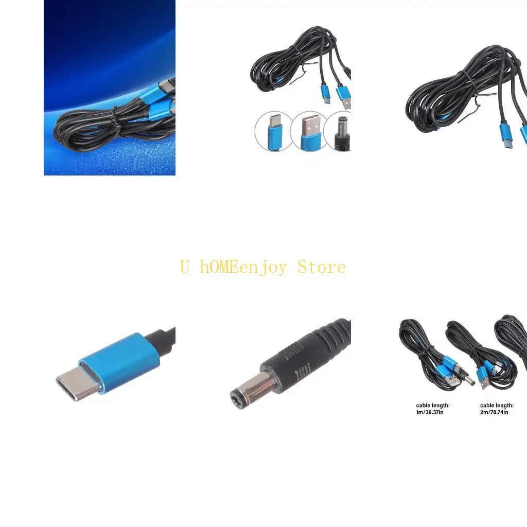 B0KF Double Male End USB to Type C+DC5525 Splitter Adapter Wire Quick Charging Cord Power Cable for 5V LED Light Fan Toy