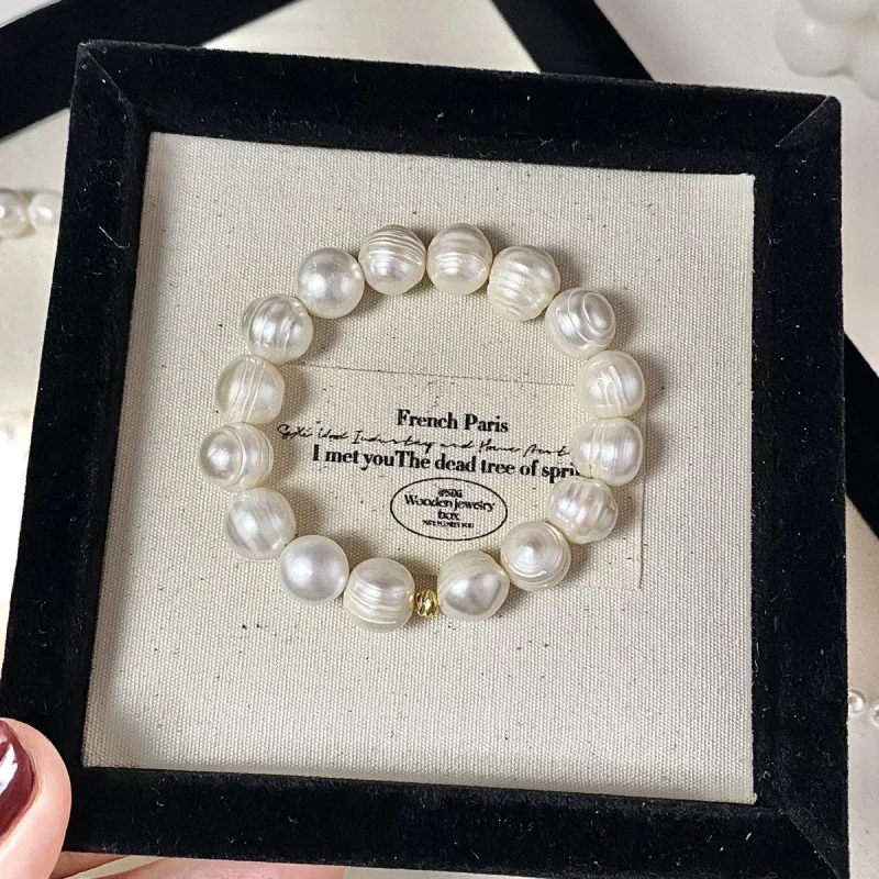 

Baroque Pearl Bracelet Large Pearl Spiral Strong Luster Natural Pearl Elastic Cord Bracelet Irregular Shaped Metal