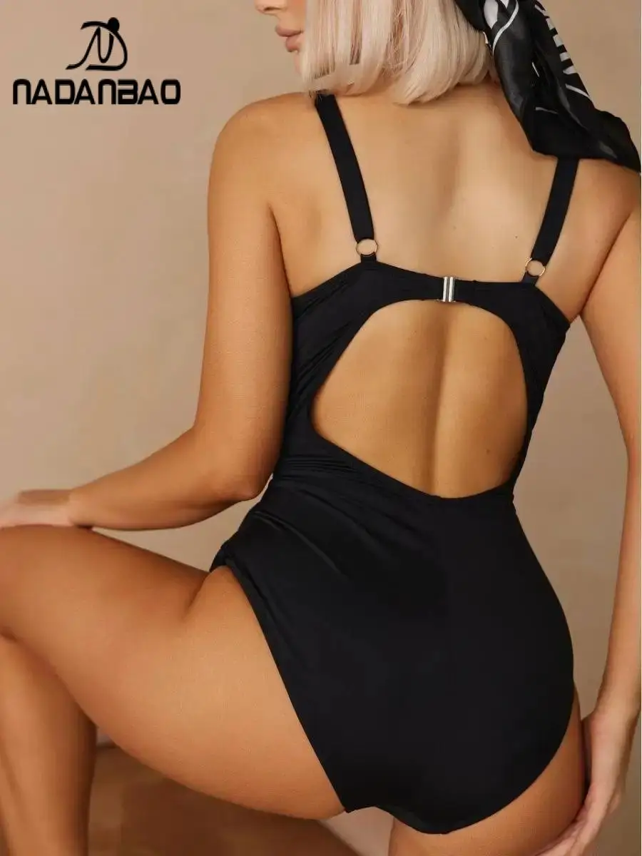 Nadanbao Black Sexy Halter Swimsuit Woman Swimwear Backless Beach Party One-Piece Swimsuit Female Bodysuit Swimsuit with Bra Pad