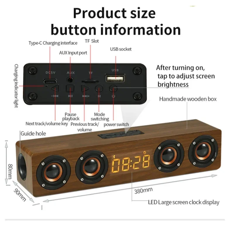 Wireless Bluetooth 5.0 Speakers For Computers Wooden Alarm Clock Display Sound System Player with AUX TF FM Radio Subwoofer Box