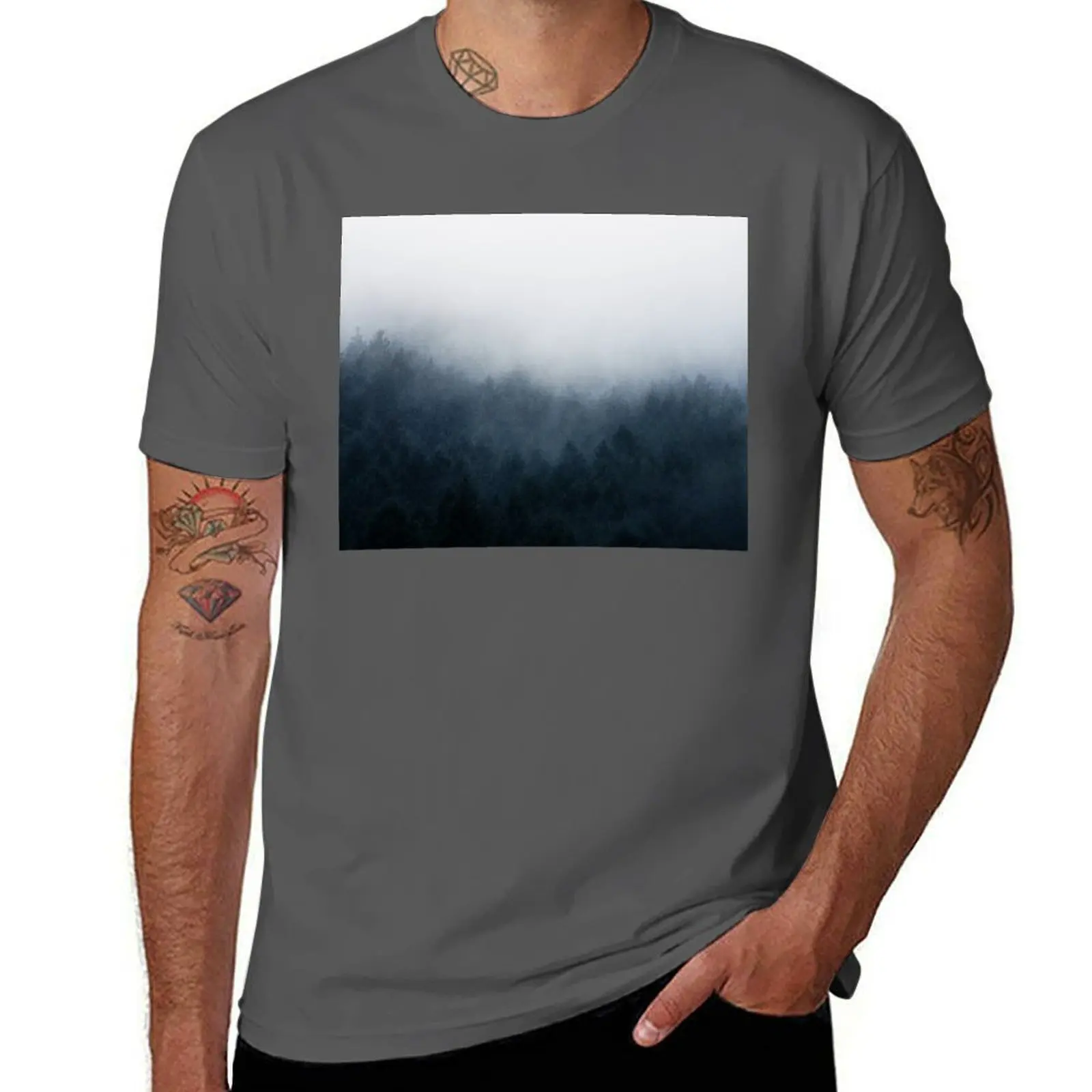 All Over // Misty Fairytale Wilderness Forest With Cascadia Trees Covered In Magic Blue Fog Series T-Shirt