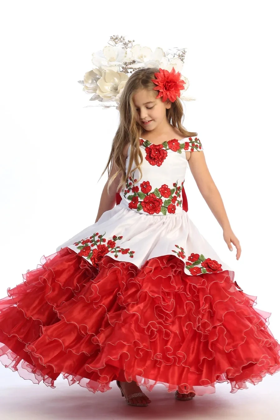 Vestidos Quinceanera vermelhos para meninas, Apliques Organza Tiered, Vestido de baile para casamentos, Vestidos Mexicanos Pageant para bebê