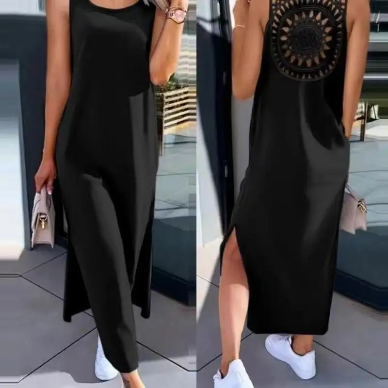 Sommer Neue Ärmellose Hohl Sexy Lose Kleid Frauen Mode Schlitz Feste Beiläufige Vestidos Rundhals Schlank Damen Kleider