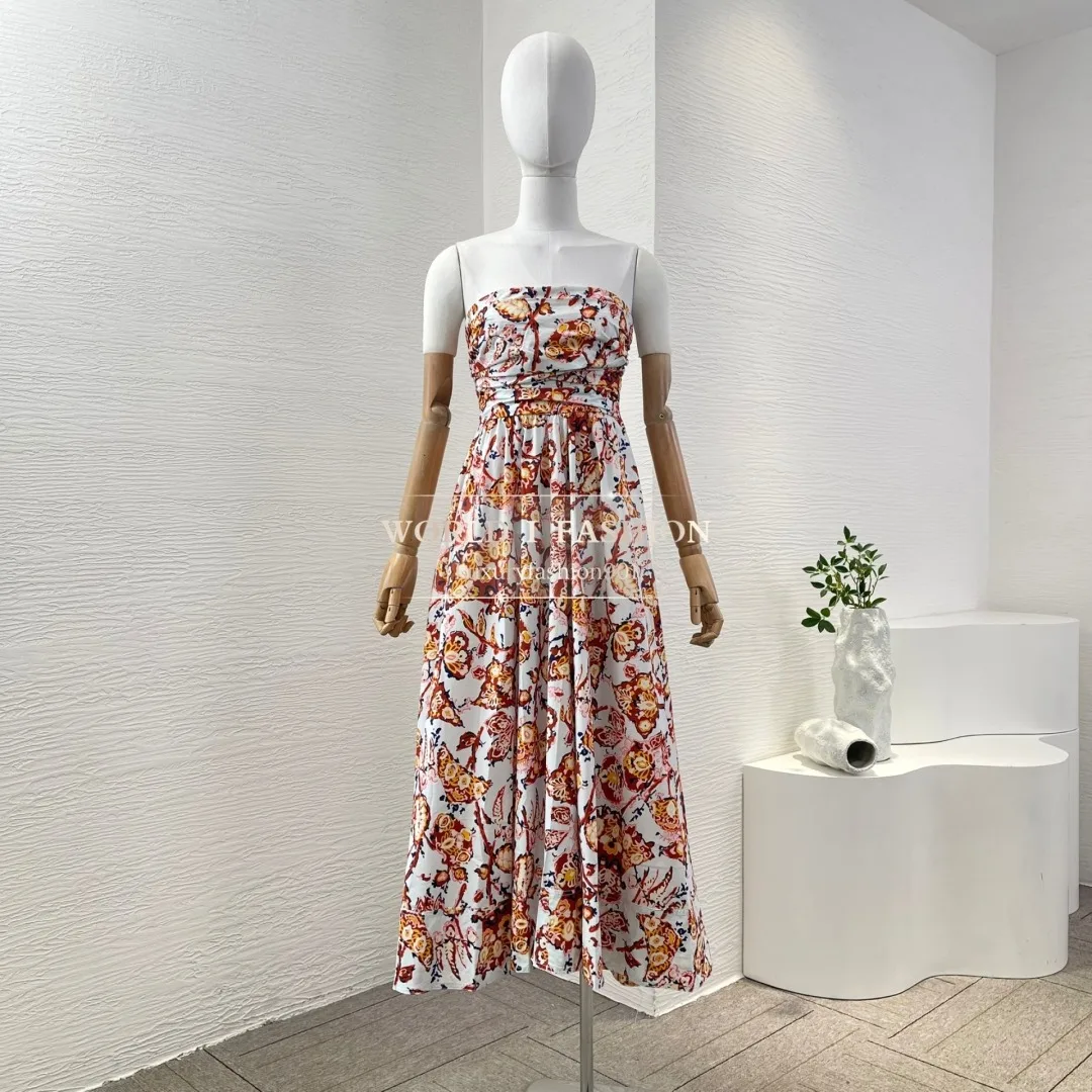 

2025 New Red Floral Print Sleeveless Sling Pleat Tube Midi Dress