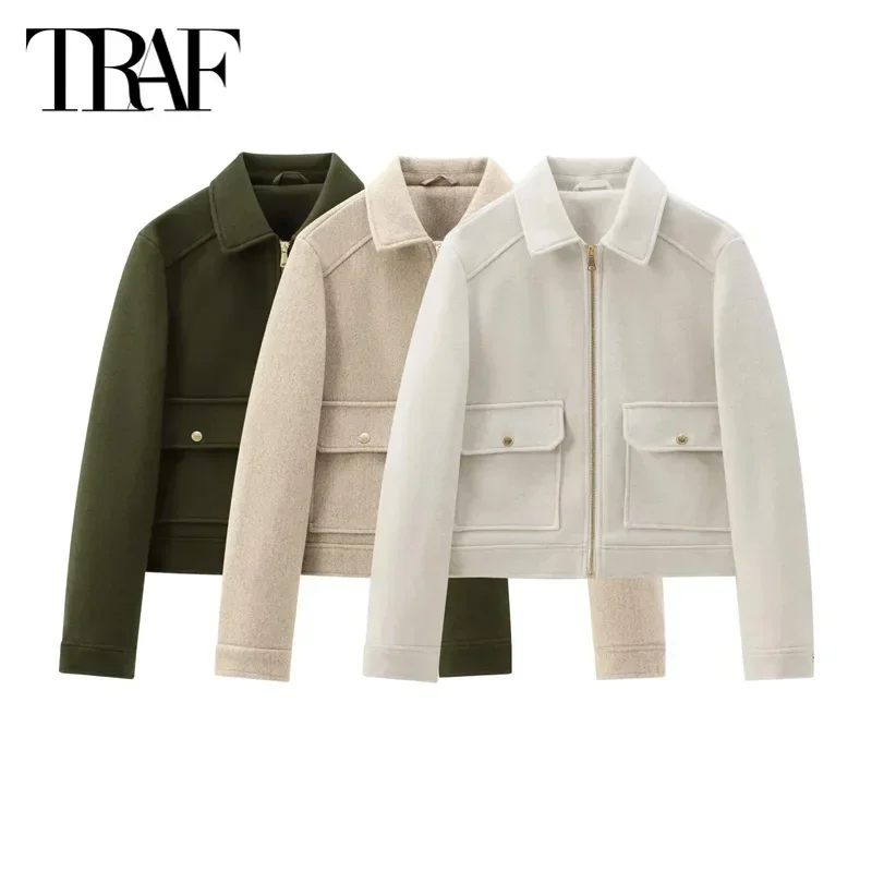 TRAF Women\'s Outerwear White Khaki Green Coat 2024 Autumn Winter Elegant Long Sleeve Wool&Blend Jacket Lady Fashion Casual Coat